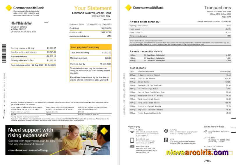 Australia NSW Commonwealth bank Diamond Awards Credit card statement, 4 pages scr1